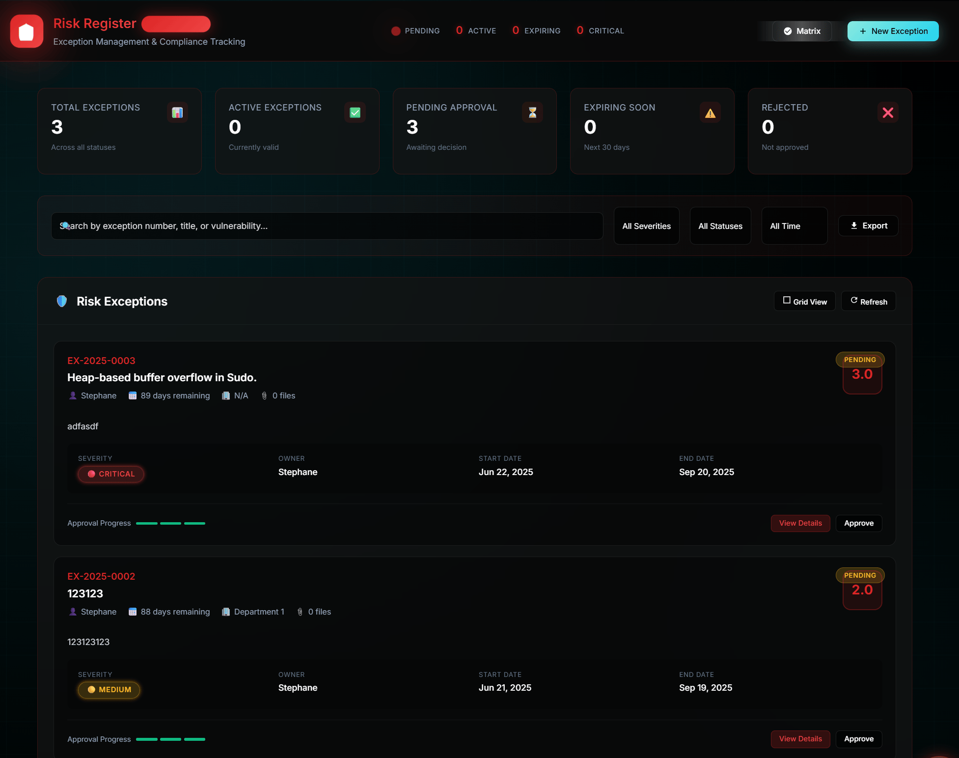 Risk management dashboard with automated tracking